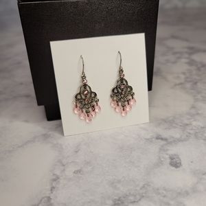 Chandelier Earrings Silver with Pink Stones and Beads